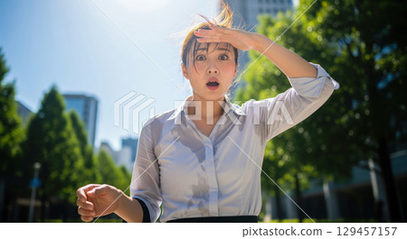 Climate change concept with shocked asian woman suffering from heatwave in city, exhausted businesswoman sweating in hot summer weather for global warming theme background Climate change concept with shocked asian woman suffering from heatwave in city, exhausted businesswoman sweating in hot summer weather for global warming theme background 129457157