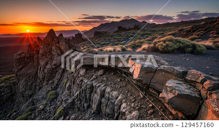 Adventure travel background of epic mountain landscape at sunset, dramatic volcanic rock formation with beautiful orange sun on horizon for exploration or discovery concept 129457160