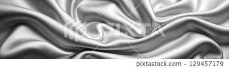 Silver shiny silk folds background for luxury fashion banner wedding decor product showcase glamour advertising design mockup printable material fabric texture 129457179