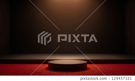 Elegant dark stage with warm light spotlight on red carpet for product display in minimalistic room background Elegant dark stage with warm light spotlight on red carpet for product display in minimalistic room background 129457181