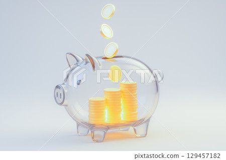 Clear piggy bank filled with golden coins on light background, concept of family savings, financial education, kids banking, moneybox 129457182