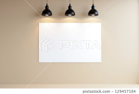 Empty canvas on brown wall under three black pendant lamps in stylish office interior with wood floor, suitable for company branding presentation Empty canvas on brown wall under three black pendant lamps in stylish office interior with wood floor, suitable for company branding presentation 129457184