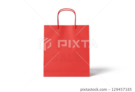 Bright red promotional paper bag used during seasonal sale or discount events perfect for retail store branding and fashion shop advertising visuals Bright red promotional paper bag used during seasonal sale or discount events perfect for retail store branding and fashion shop advertising visuals 129457185