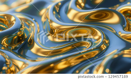 Abstract liquid gold and blue background with metallic waves, elegant 3d render of flowing fluid texture for luxury branding, modern digital art wallpaper 129457189