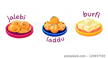Set of Indian Sweets Jalebi, Laddu and Burfi Illustration 129457593