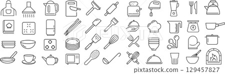 關於廚房用具的向量單色線圖示集 129457827