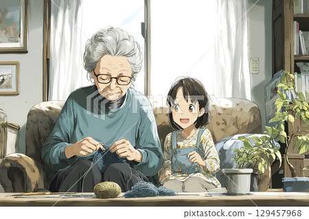 Elderly people knitting with their grandchildren 129457968