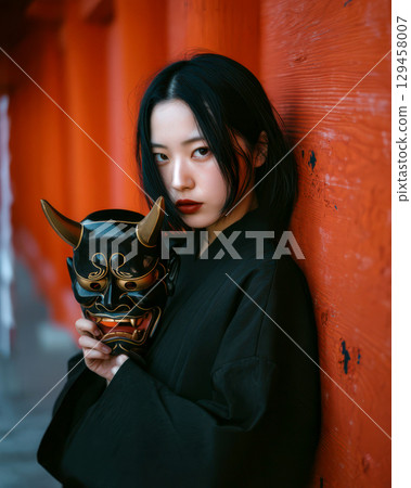 A woman in a kimono holding a demon mask A woman in a kimono holding a demon mask 129458007