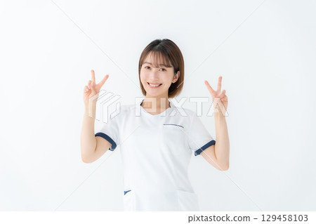Woman, white coat, nurse, medical, peace Woman, white coat, nurse, medical, peace 129458103