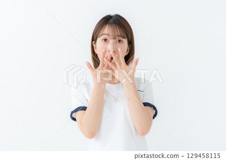 Woman, white coat, nurse, medical, surprised 129458115