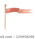Watercolor illustration of a waving flag on the flagpole in red. Long medieval flag, isolated. Hand drawn, sketch 129458248