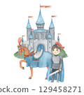 Watercolor illustration of a fantasy prince in blue and gray armor with sword and knight horse and castle. Medieval illustration isolated. For children's room decor, poster, invitation 129458271