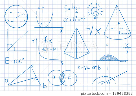 Math symbols formulas on notebook page background. Sketch symbols mathematical equations, schemes geometry shapes.  129458392