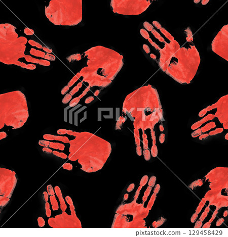 Red Handprints on Black Background 129458429
