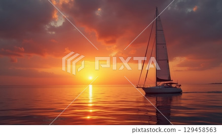 Sailboat silhouette cruising calm sea sunset dramatic orange purple sky 129458563