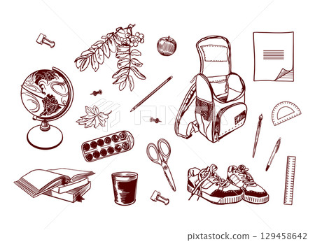 School set with backpack, globe, notebook, paints, pen, rulers, brush, scissors, books, sneakers. Hand drawn vector clip art of stationery for banners for Back to School and Teachers Day. School set with backpack, globe, notebook, paints, pen, rulers, brush, scissors, books, sneakers. Hand drawn vector clip art of stationery for banners for Back to School and Teachers Day. 129458642