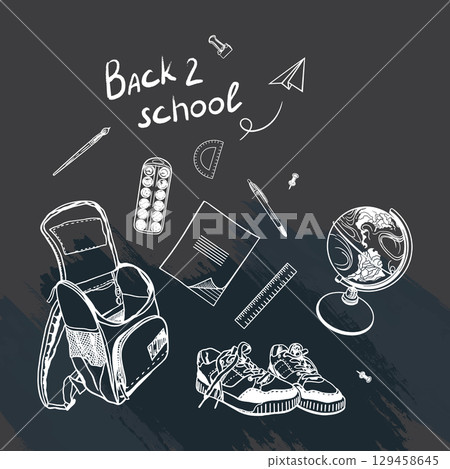 Back to school banner with white chalk on black board. Backpack, globe, schoolboy sneakers, notebook, ruler, pen, paints, paper airplane. Hand drawn vector clip art for teachers day and knowledge. Back to school banner with white chalk on black board. Backpack, globe, schoolboy sneakers, notebook, ruler, pen, paints, paper airplane. Hand drawn vector clip art for teachers day and knowledge. 129458645