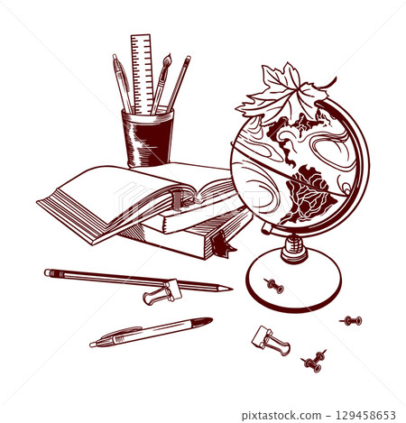 School globe with maple leaf, books, pencil, pen, pushpins and paper clips. Hand drawn simple vector stationery clip art for Back to School and Teachers Day banners. School globe with maple leaf, books, pencil, pen, pushpins and paper clips. Hand drawn simple vector stationery clip art for Back to School and Teachers Day banners. 129458653