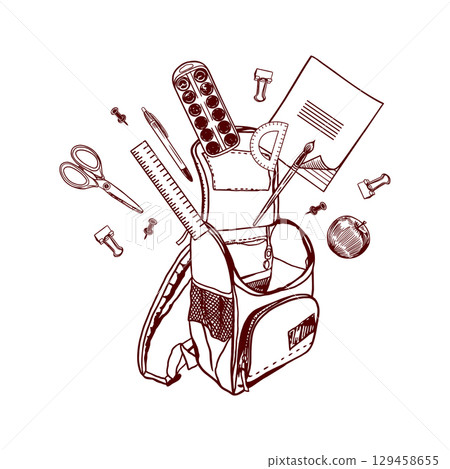 School backpack with notebook, pen, pencil, paints, brush, rulers, scissors. Hand drawn vector clip art stationery in graphics for covers and banners. School backpack with notebook, pen, pencil, paints, brush, rulers, scissors. Hand drawn vector clip art stationery in graphics for covers and banners. 129458655