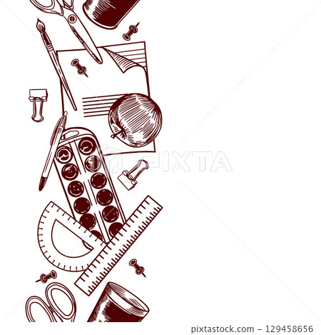 Stationery seamless border, vertical. Notebook, scissors, pen, ruler, brush, paints, paper clip, pushpin. Hand drawn vector clip art for creating banners and posters for the Back to School holiday. Stationery seamless border, vertical. Notebook, scissors, pen, ruler, brush, paints, paper clip, pushpin. Hand drawn vector clip art for creating banners and posters for the Back to School holiday. 129458656