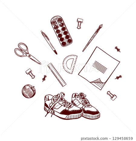 Sneakers and school supplies notebook, paints, scissors, brush, pen, rulers, paper clips, buttons. Hand drawn vector clip art for creating holiday banners and posters. Sneakers and school supplies notebook, paints, scissors, brush, pen, rulers, paper clips, buttons. Hand drawn vector clip art for creating holiday banners and posters. 129458659