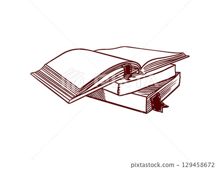Books. Open and closed with bookmarks. Hand drawn simple vector clip art of stationery for banners for Back to School and Teachers Day. 129458672
