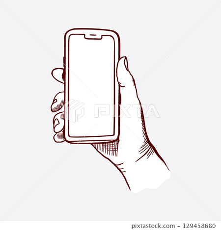 Hand holding cell phone vertically with screen on display. Hand drawn vector graphic clip art for use as icons, as well as for banners and flyers. Hand holding cell phone vertically with screen on display. Hand drawn vector graphic clip art for use as icons, as well as for banners and flyers. 129458680