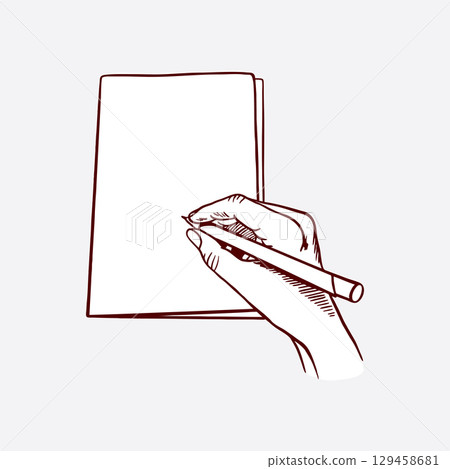 Hand with pen signing document, writing letter or voting in elections. Hand drawn vector graphic clip art for use as icons, as well as for banners and leaflets. Hand with pen signing document, writing letter or voting in elections. Hand drawn vector graphic clip art for use as icons, as well as for banners and leaflets. 129458681