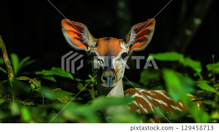 Nyala antelope peering through green forest foliage, wildlife close-up with distinctive ears and markings for conservation awareness 129458713