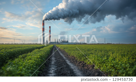 Power plant smokestacks emitting pollution over agricultural field, environmental impact concept with industrial chimneys and green crops 129458730