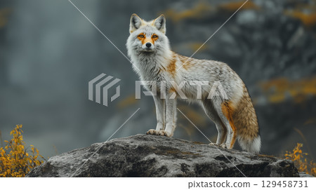 Red fox standing on rock in natural habitat, wild predator with orange eyes observing wilderness. Wildlife photography concept 129458731