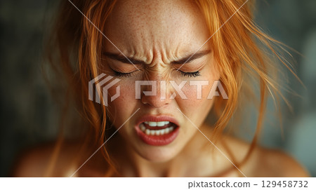 Redhead woman with intense facial expression showing anger and frustration, emotional portrait concept for stress and mental health awareness 129458732