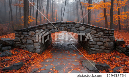Stone bridge arching over stream surrounded by autumn forest with orange fallen leaves creating mystical atmosphere in foggy weather 129458764