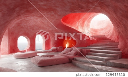 Luxurious cave dwelling with curved stairs and ocean view through arched windows in coral tones. Modern organic architecture with comfortable seating 129458810