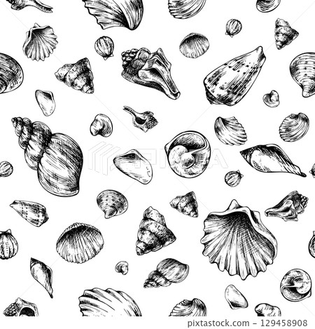 Seamless arrangement of various seashells in monochrome ink style, hand drawn line art illustration, perfect for marine themed fabrics, wallpapers, wrapping and coastal decorative designs. 129458908