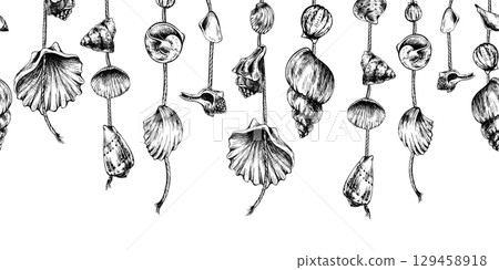 Horizontal seamless border with smaller marine garlands of seashells and beads in monochrome, hand drawn line art illustration, ideal for nautical trims, wrapping and coastal decorative projects. 129458918