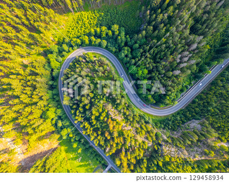 A serpentine asphalt road meanders through a lush forest valley, surrounded by dense green trees under a bright, clear sky. Vehicles are visible navigating the winding path. A serpentine asphalt road meanders through a lush forest valley, surrounded by dense green trees under a bright, clear sky. Vehicles are visible navigating the winding path. 129458934