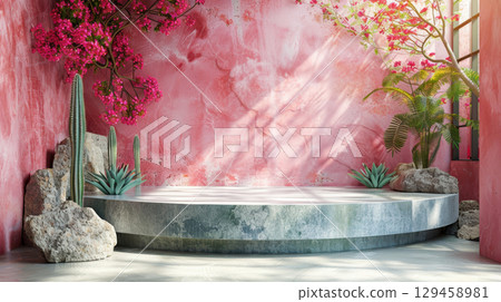 3d rendering atmosphere of the cactus garden with pink flowers climbing on the pink walls with the morning sunlight shining through the glass windows 129458981