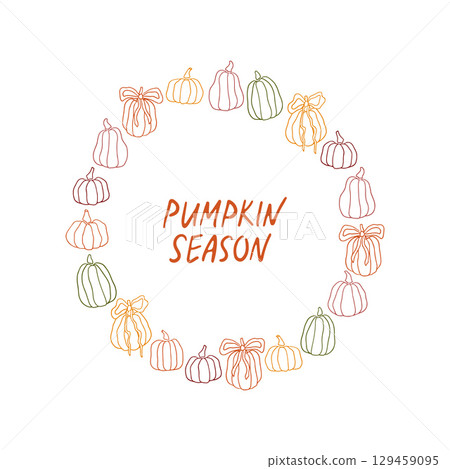 Hand drawn line art autumn wreath with pumpkins Hand drawn line art autumn wreath with pumpkins 129459095