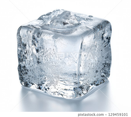 Single ice cube frozen detail for refreshing drink ingredient isolated on white background Single ice cube frozen detail for refreshing drink ingredient isolated on white background 129459101