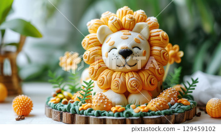 Imagination and fantasy of cute lion shaped for clay or resin cake cartoon and dessert for kids. Homemade festive delight bakery sweet cake and donuts on birthday party Imagination and fantasy of cute lion shaped for clay or resin cake cartoon and dessert for kids. Homemade festive delight bakery sweet cake and donuts on birthday party 129459102