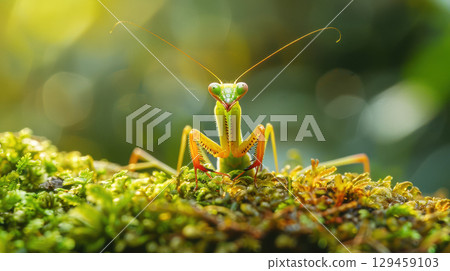 Macro photography of little mantis ready to jump on fern grass field in natural sunlight of tropical rain forest background 129459103