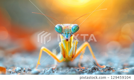 Macro photography of little mantis ready to jump on soi in natural golden sunlight of tropical rain forest background 129459104