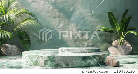 3D rendering green marble granite round podium mock up on cement floor and concrete wall in tropical rain forest in sunlight for product spa and cosmetic advertising campaign 129459120