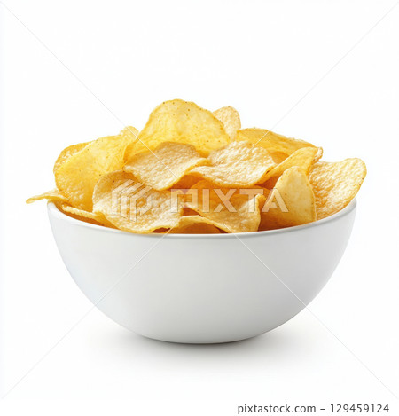 Fresh potato chips in bowl isolated on white background. Snack and junk food 129459124