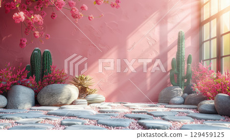 The atmosphere of the cactus garden with pink flowers climbing on the pink walls with the morning sunlight shining through the glass windows 129459125