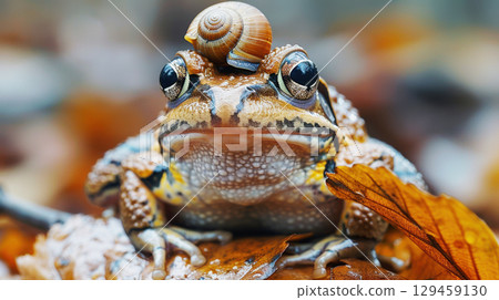 Snail on head of frog on the dry yellow leaves in the swamp forest. Animal wildlife 129459130
