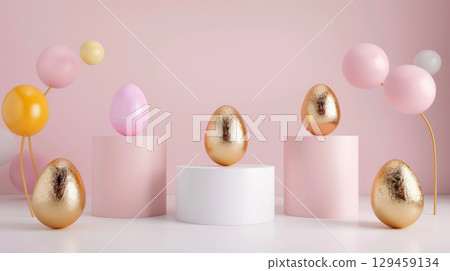 3d rendering golden and pink Easter eggs holiday on white round podium and mock up in studio for product and cosmetic advertising stage display 129459134