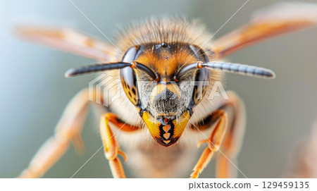 Macro photography of wasp bee head for detail in natural sunlight 129459135