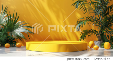 3d rendering yellow round podium and mock up with oranges and tropical palm tree in natural light for product and cosmetic advertising stage display 129459136